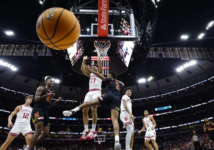 Indiana Hoosiers forward Trayce Jackson-Davis (23) and Maryland Terrapins guard Jahari Long (2) go for the ball during the second half at United Center.